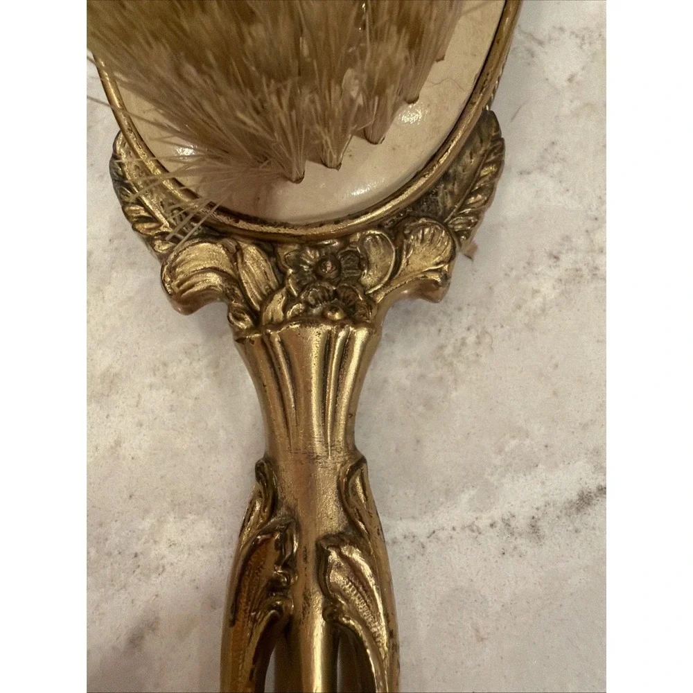 Antique Victorian Gilt Brass Vanity Set Mirror & Brush Matching Guilloché c.1900
